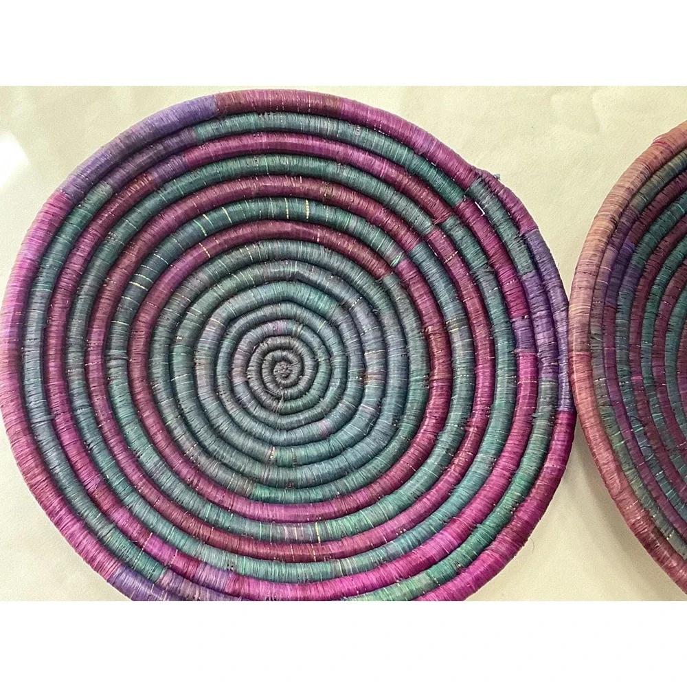 Set of 2 Handcrafted Woven Wall Baskets Purple Teal Boho Spiral Coiled Plates 10